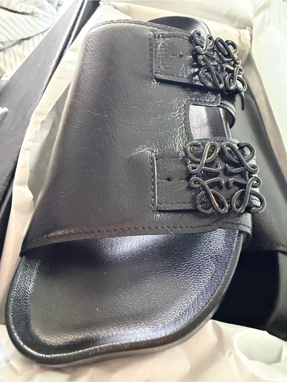 Mens Black Slide Sandal with Decorative Buckles